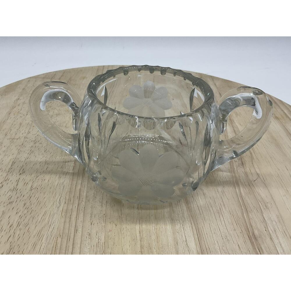 Vintage Clear Pressed Glass Sugar Bowl Round Floral Etched Double‎ Handles Decor